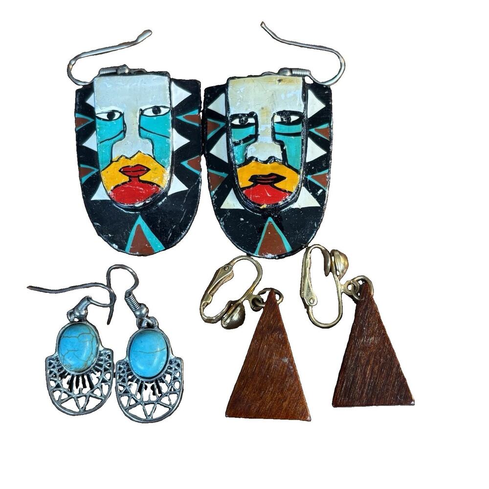 Lot of 3 Boho Southwestern Dangle Earrings Wood Faux Turquoise Tribal Earthy